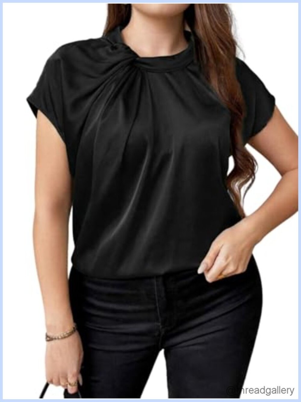 Plus Size Satin Blouse Twist Knot Short Sleeve Business Top
